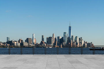Skyscrapers Cityscape Downtown, New York Skyline Buildings. Beautiful Real Estate. Day time. Empty rooftop View. Success concept.