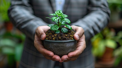 Businessman holding green stick, growing sustainability