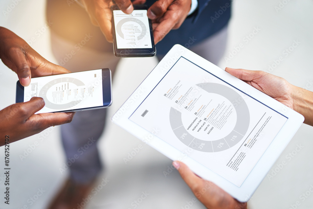 Poster tablet, cellphone and hands of business people with information for human resources data of survey. 