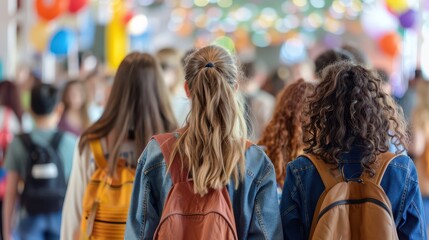 A photograph of high school friends full of energy, dressed in casual university attire, viewed from behind, close-up