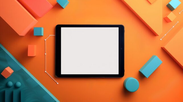 A tablet displaying a coding interface on a solid orange backdrop with geometric shapes
