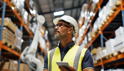 A warehouse worker wearing a hard hat and safety vest uses a tablet to check inventory in a modern warehouse with automated machinery.