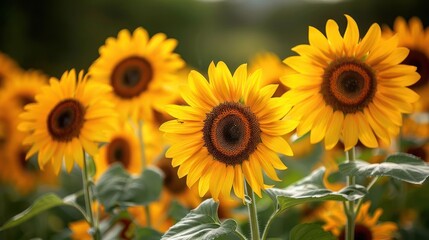 Naklejka premium A bunch of yellow sunflowers are in a field