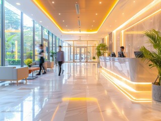 Luxurious hotel lobby with marble floor, large windows, and modern furniture. AI.