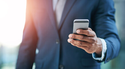 Businessman, hand and phone or typing for communication with networking, reading email and notification. Professional, person and smartphone for internet browsing, company website and mobile research