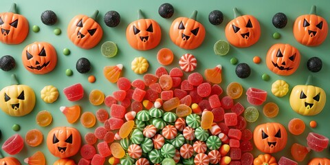 A creative arrangement of Halloween candy forming a festive centerpiece on a playful green backdrop with jackolantern faces
