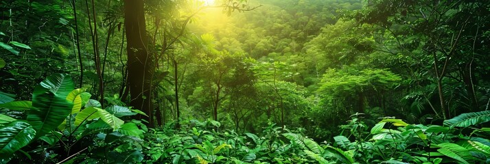 Incredible tropical green forest view with sun flare in morning.