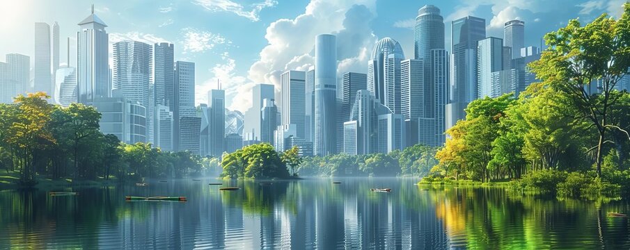 A bustling cityscape where buildings are integrated with nature, utilizing recycled PET plastic for sustainable construction