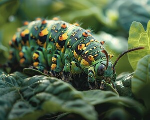A green caterpillar with yellow and red spots on its back is crawling on a leaf. AI.
