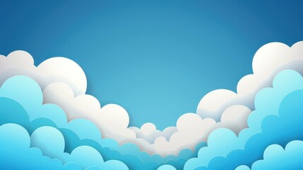 Relaxing blue sky with fluffy white clouds in a simple cartoon design. Vector illustration in flat style with cloud border.