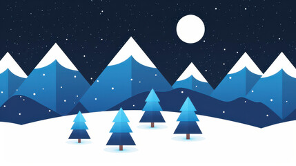 Fototapeta premium Serene Christmas winter landscape with snowy forest, mountains, and a charming village. Cozy and festive New Year vector design.