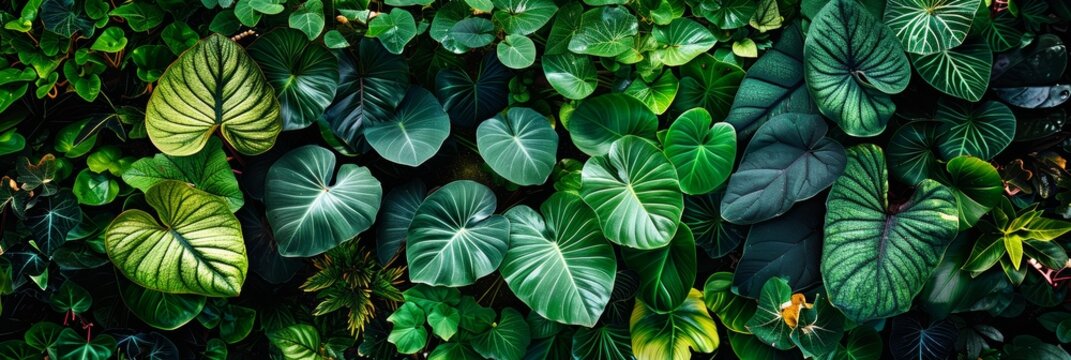 Lush foliage background. Green plant wall design of tropical leaves anthurium. philodendron pastazanum. epiphytes or ferns. Dark green plants growing in cloud forest. rainforest in tropical climate