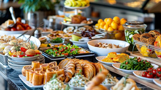 Table full of various tasty and fresh food for a breakfast buffet at a hotel