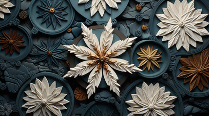 Captivating snowflake patterns in earth tones with detailed textures and intricate designs in flat illustration.