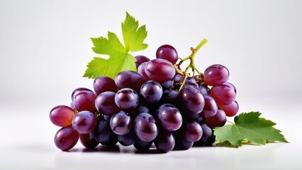 Fototapeta premium A Bunch of Fresh Grapes with Green Leaves Against a White Backdrop
