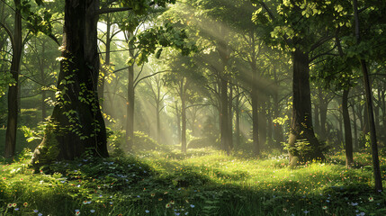 Obraz premium A Peaceful Forest Retreat with Tall Trees and Dappled Sunlight