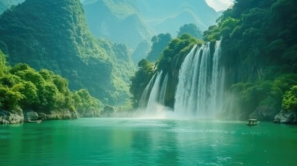 Fototapeta premium Emerald lake with towering green cliffs and falls