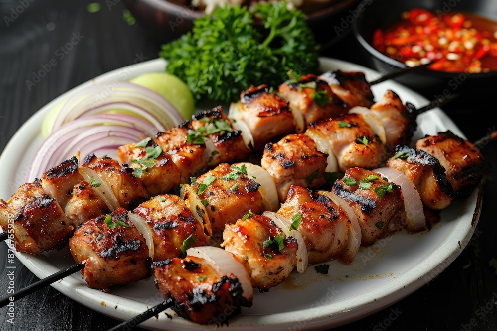 Wall mural grilled chicken skewers on a plate. tasty and savory barbecue dish perfect for summer cookouts.