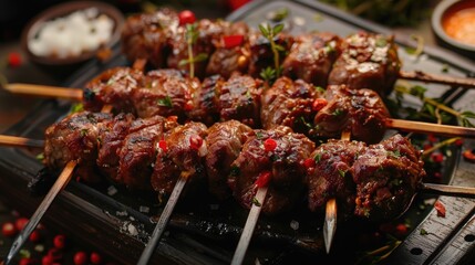 Barbecue, outdoor cooking, grilled food, skewered meat, summer party