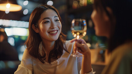 友達とワインを飲むアジア人女性