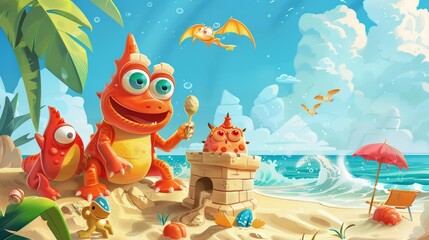 Fototapeta premium Cartoon monsters enjoying summer on the beach.