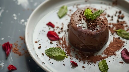 Triple chocolate dessert with fresh mint leaves and sugared petals