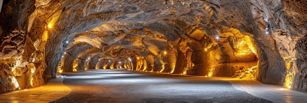 Panorama of the salt cave. Huge salt cave left after salt mining.