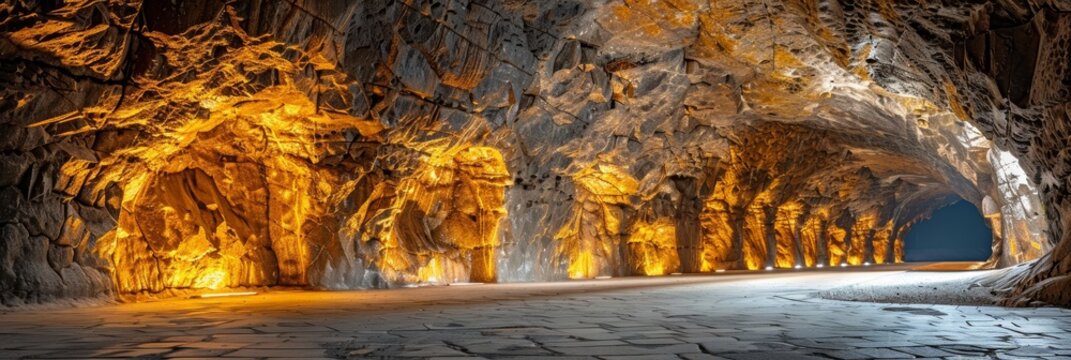 Panorama of the salt cave. Huge salt cave left after salt mining.