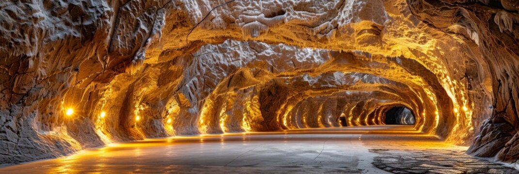 Panorama of the salt cave. Huge salt cave left after salt mining.