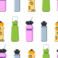 Water bottles vector cartoon seamless pattern.