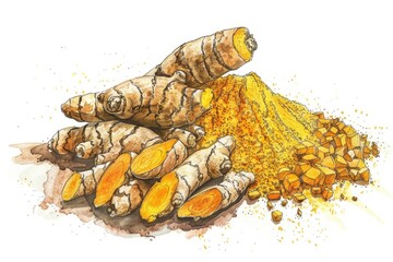 A picture showing two piles of tumericls and herbs, ideal for use in cooking or health-related contexts