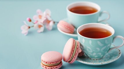 Two cups filled with tea and some macaroons on blue background