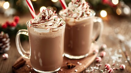 Two cups of hot chocolate with whipped cream and candy cane for the Christmas