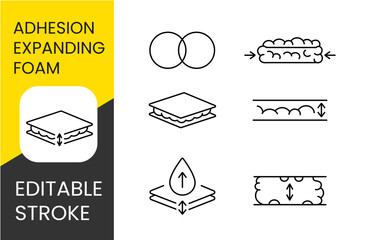 Polyurethane foam adhesion set vector line icons with editable stroke