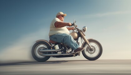 Obraz premium A man wearing a cap rides a motorcycle on an open road, with the background blurred to show motion. The image captures the speed and freedom of motorcycling.