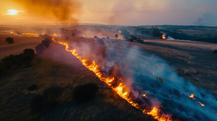 Fototapeta premium Aerial view of a wildfire raging across grasslands
