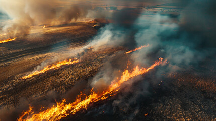 Aerial view of a wildfire raging across grasslands