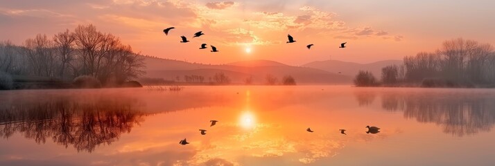 Obraz premium Silhouette of birds flying above the lake at amazing sunset