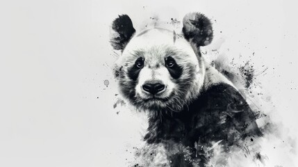 A close-up shot of a panda bear, captured in a black and white photo