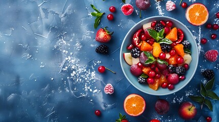 Winter Fruit Salad in a dish on blue background