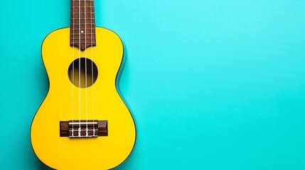 Fototapeta premium Yellow colored wooden ukulele guitar on the turquoise blue background