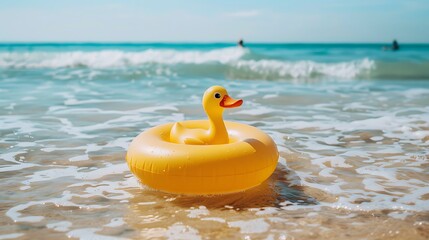Yellow Pelican duck ring for kids swimming on the beach