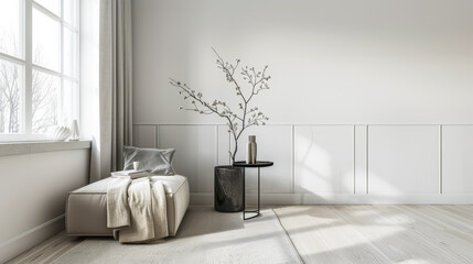Interiors designer composition in a luxury minimalist property with minimal furniture, copy space and neutral colors.