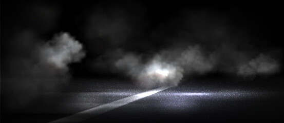 Wet asphalt road with marking line covered in smoke and illuminated by lamp or spotlight at night. Realistic 3d vector illustration background of dark dusk city street scary scene with misty fog.