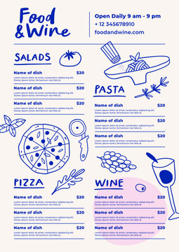 Restaurant cafe menu design template. Food and wine flyer.