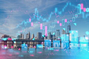 New York cityscape with digital hologram overlays, featuring stock market data over the skyline. Double exposure