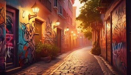 Fototapeta premium A cozy alleyway at night, the warm glow from a solitary lantern creating soft, deep shadows 