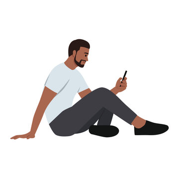 Bearded man sit on floor using modern smartphone. Flat vector illustration isolated on white background