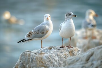Obraz premium Two seagulls standing on a rocky outcropping near the water, possibly hunting for food