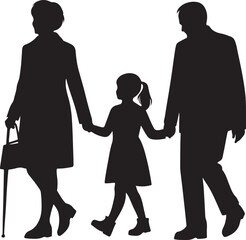 Grandparents Walking With Granddaughter Linocut Silhouette Elegant Black and White Vector Icon